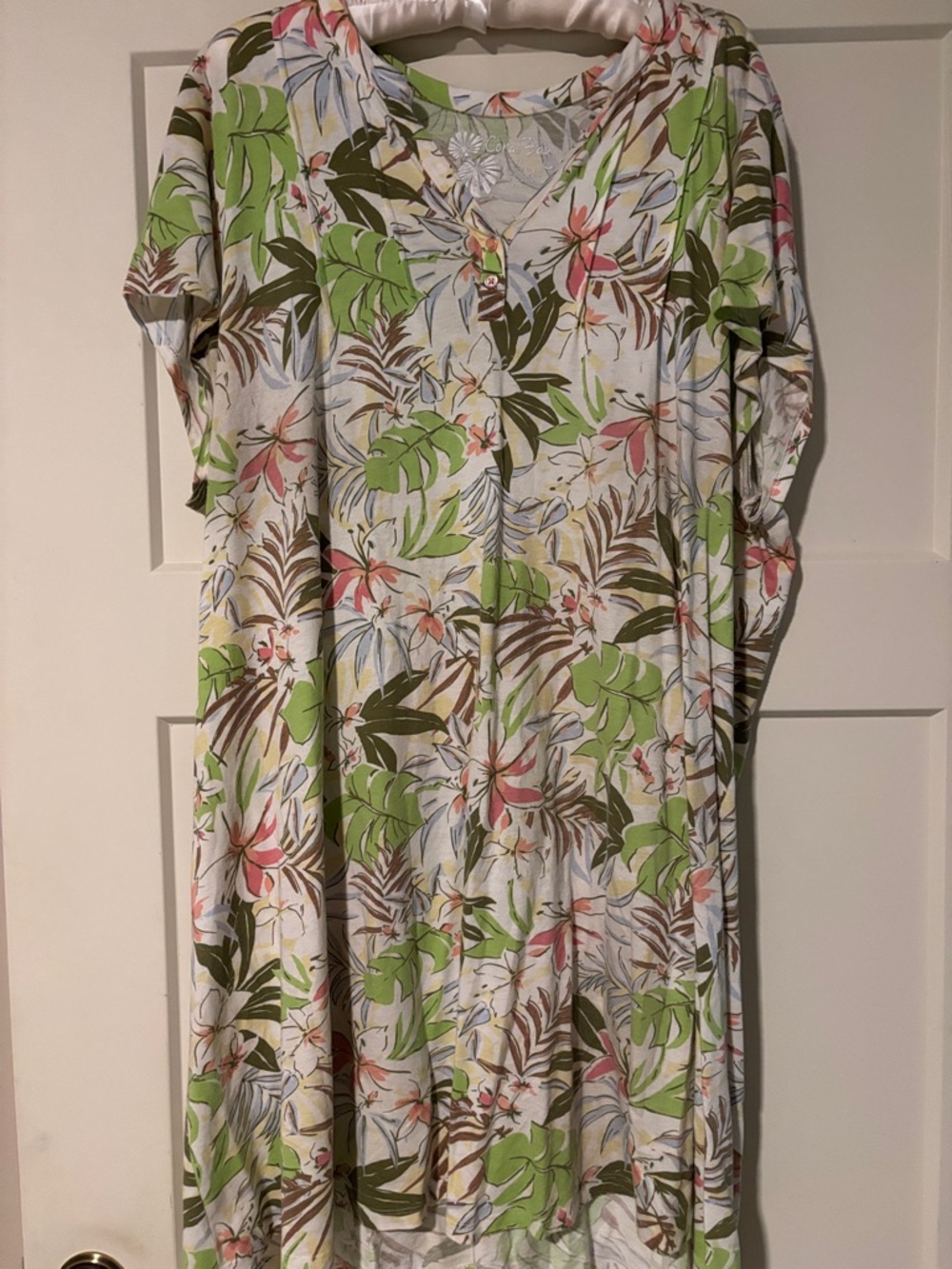 Coral Bay - Tropical Floral Button-Front Maxi Dress - White with Green & Pink